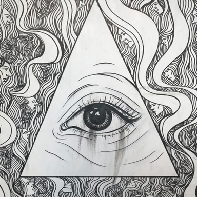 Illustration of a single eye inside a triangle surrounded by flowing faces and hair