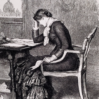 Vintage illustration of a woman seated at a desk with her head resting on one hand
